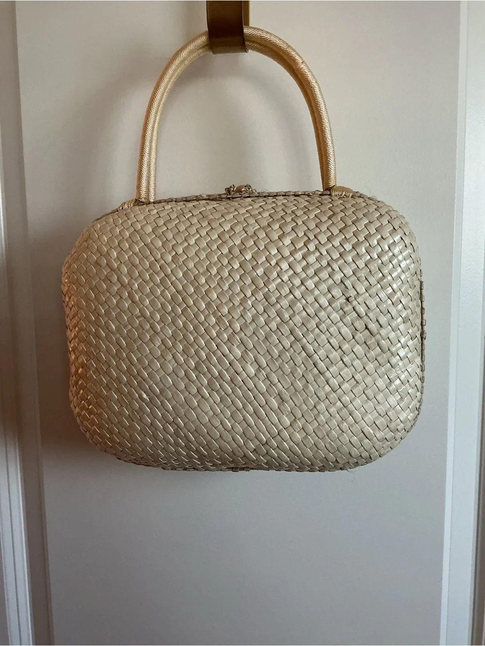 Woven Straw Top-Handle Bag with Purple Floral Embroidery - Picture 3 of 7